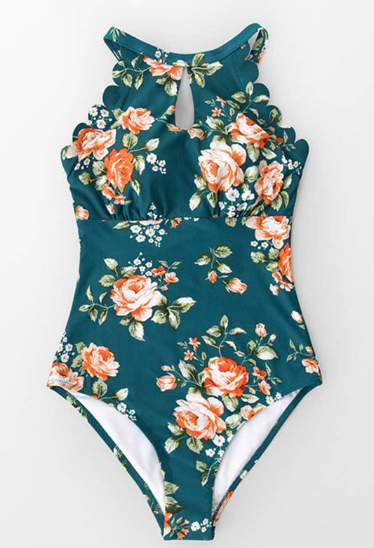 CUPSHE Teal Floral Scalloped One Piece Swimsuit
