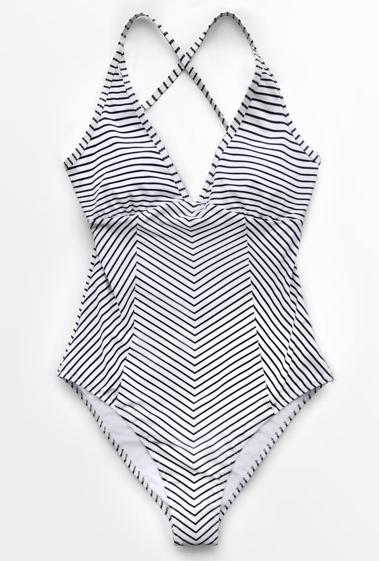 Women’s Black And White Stripe V-neck One Piece Swimsuit