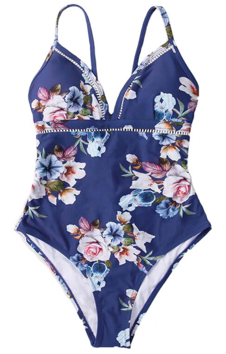 CUPSHE Blue Floral Lace-Up One-Piece Swimsuit
