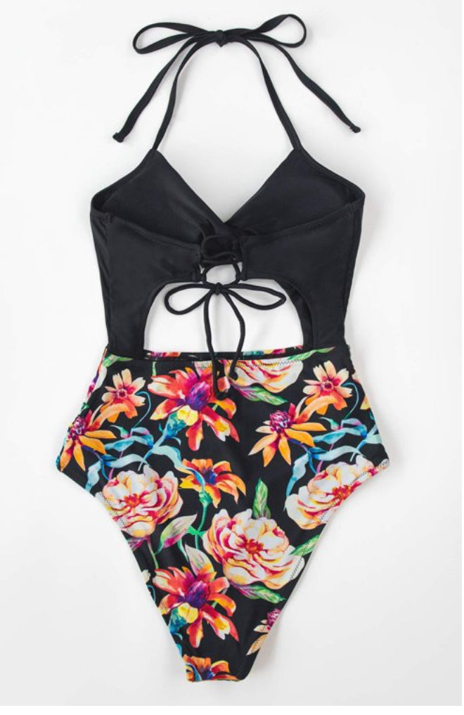 Cupshe Women's Black Floral One Piece Swimsuit Cutout Halter Lace Up Bathing Suit