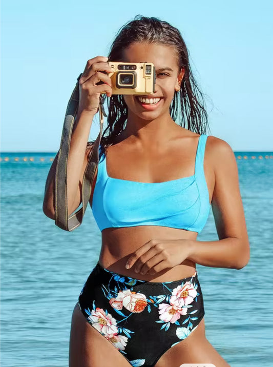 Women’s Blue and Floral High Waisted Bikini