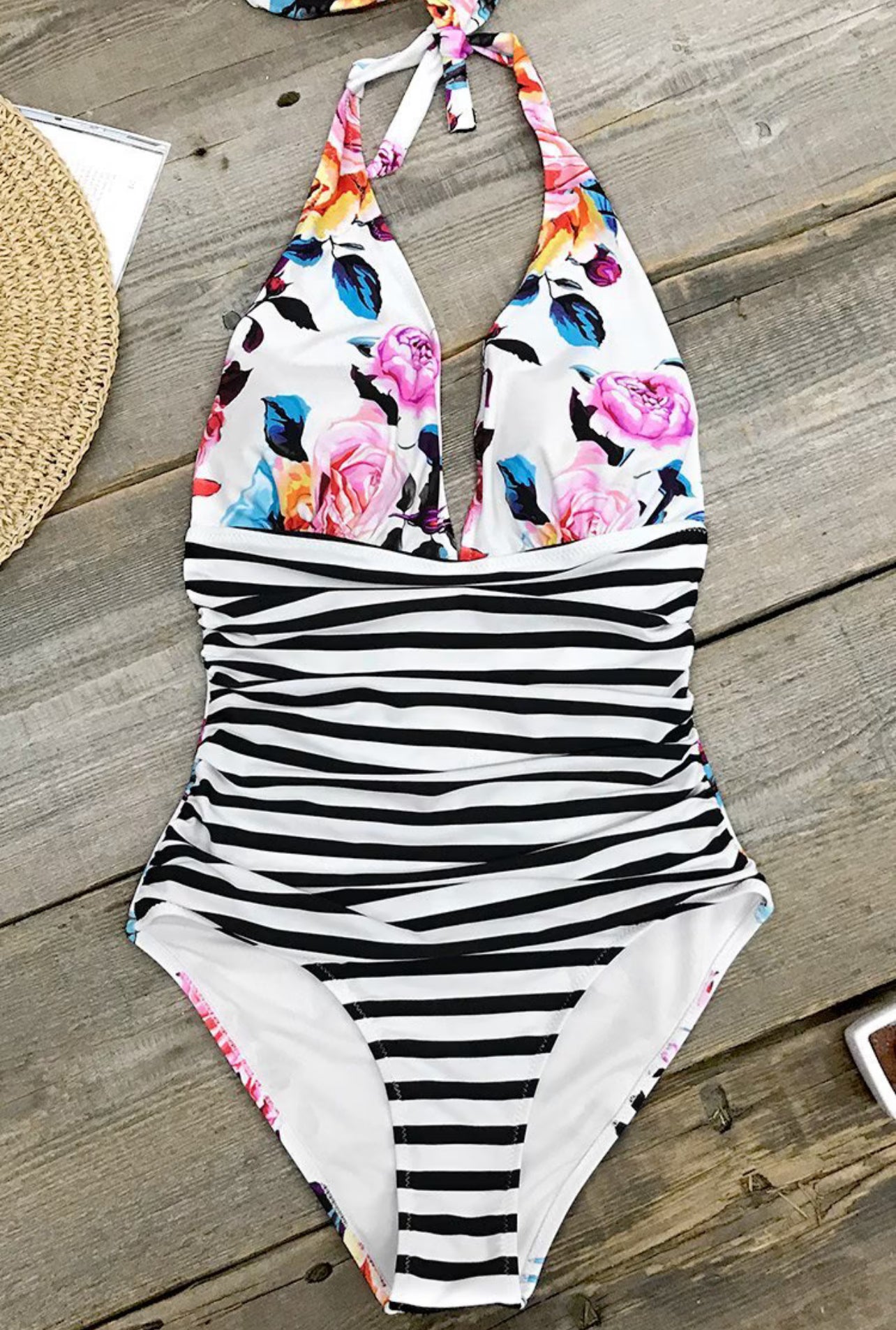 CUPSHE Bold Floral and Stripe Halter Tummy Control One Piece Swimsuit