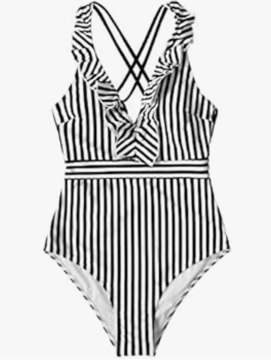 CUPSHE Women's V Neck One Piece Swimsuit Ruffle Back Cross Swimwear