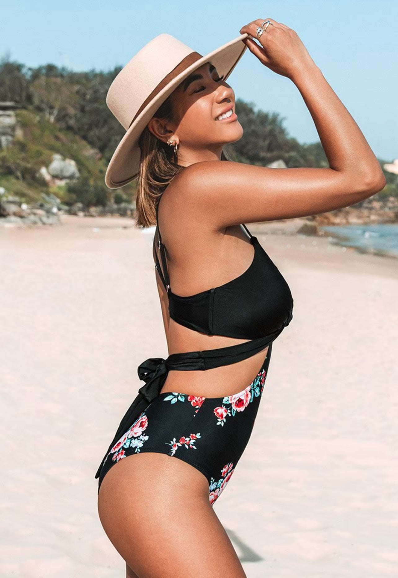 CUPSHE Black And Floral Wrap Cutout One Piece Swimsuit