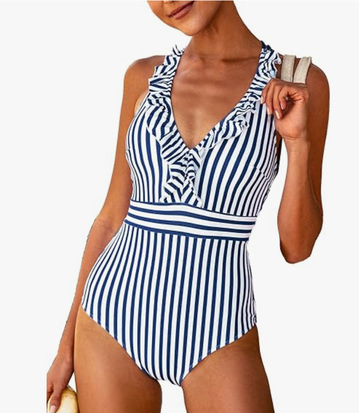CUPSHE Women's V Neck One Piece Blue White Stripe Ruffled One Piece Swimsuit