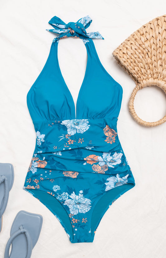CUPSHE Seafoam Garden Shirred Front V Neck Tummy Control One Piece