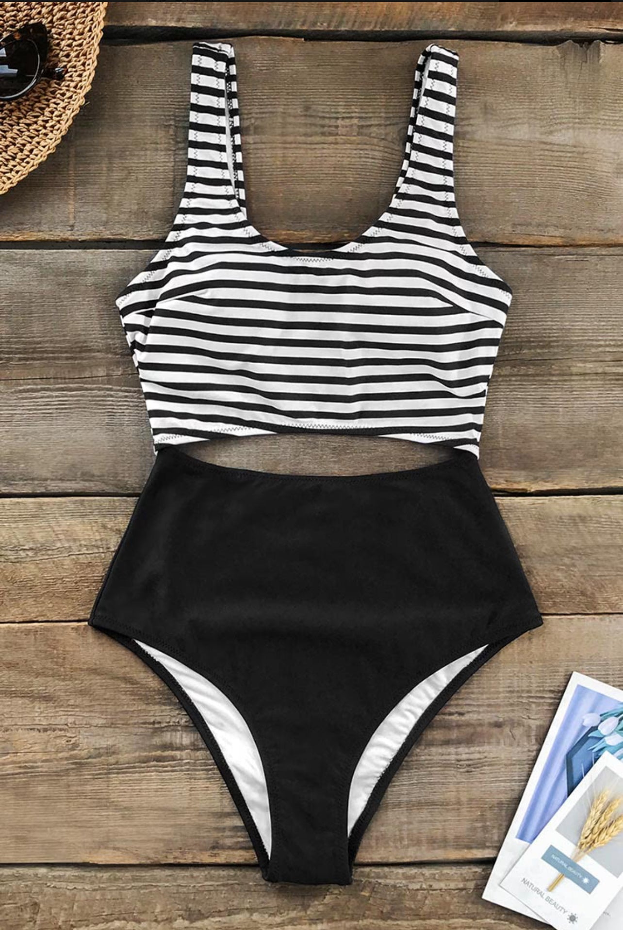 CUPSHE Black and White Cutout One Piece Swimsuit