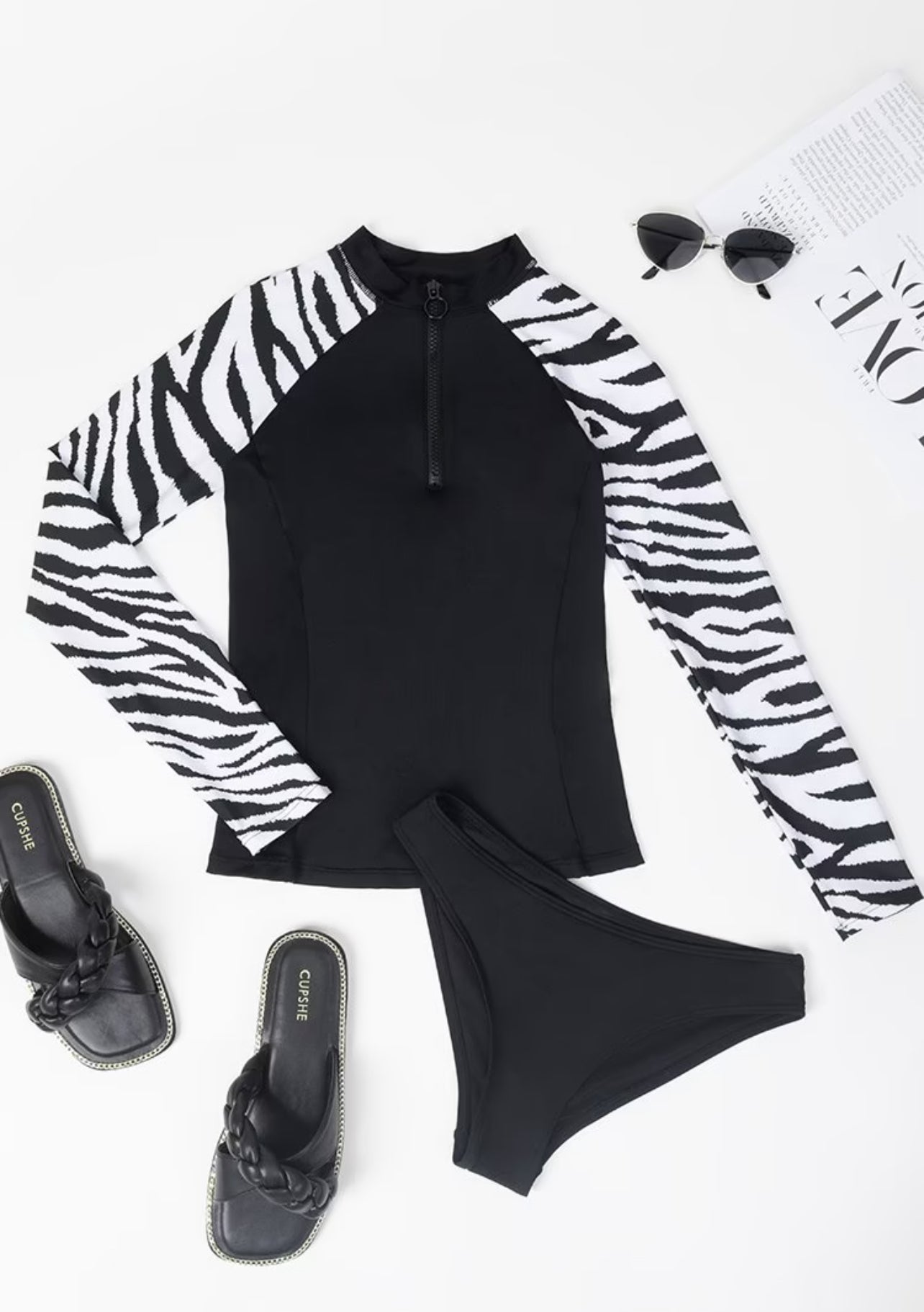 CUPSHE Zahra Zebra Print High Neck Long Sleeve Tankini