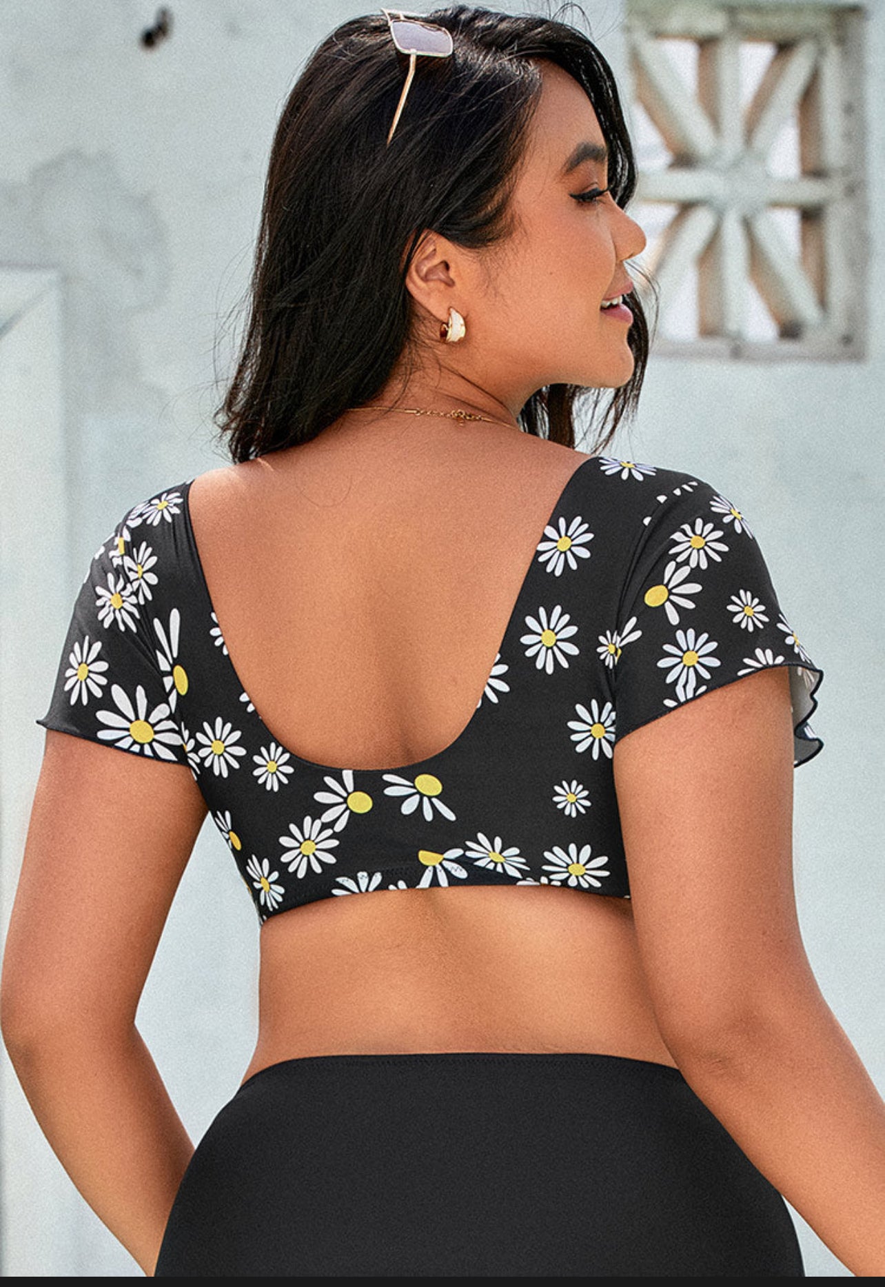 Plus Size Ditsy Short Sleeve Bikini Top with Bunny Tie