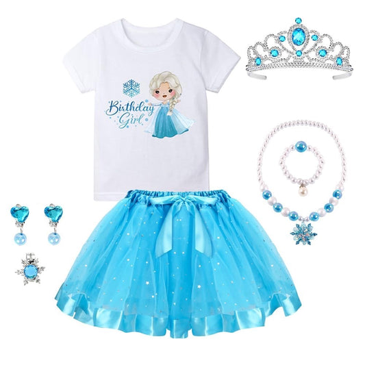 Princess Girl Costume, Princess Elsa Tutu Skirt, 8 Pieces Set Birthday Girl, Short Sleeve T-Shirts, Blue Tutu Skirt with Accessories for Birthday Halloween Cosplay