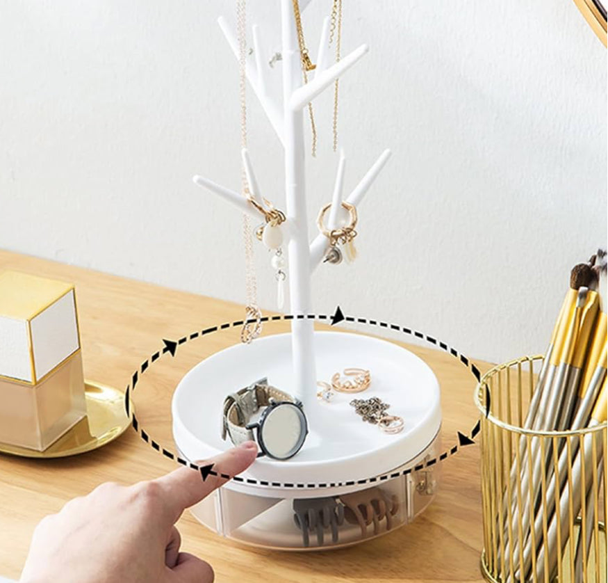 Branch Jewelry Rack with Rotatable Base and Storage Box, Tree Jewelry Tower Rack Hanging Organizer for Ring Earrings Necklace Bracelet, Suitable for Bathroom, Bedroom (White)