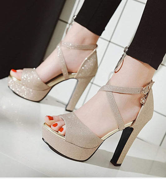 Women Block Heel Sandals Open Toe, Fashion Evening High Heels With Platform Zip Ankle Strap Glitter Size 7