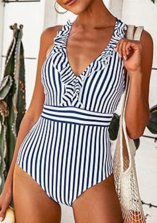 CUPSHE Women's V Neck One Piece Blue White Stripe Ruffled One Piece Swimsuit