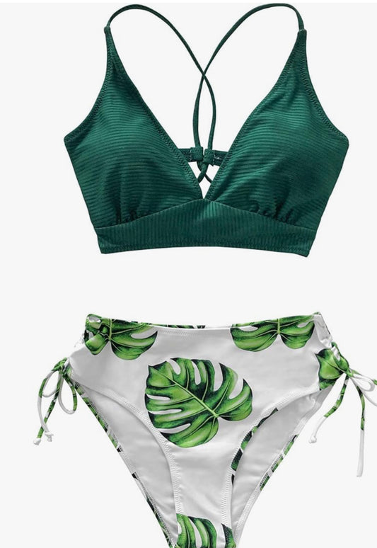 Women's Lace Up Bikini Swimsuit Green Top Adjustable Shoulder Straps Sets