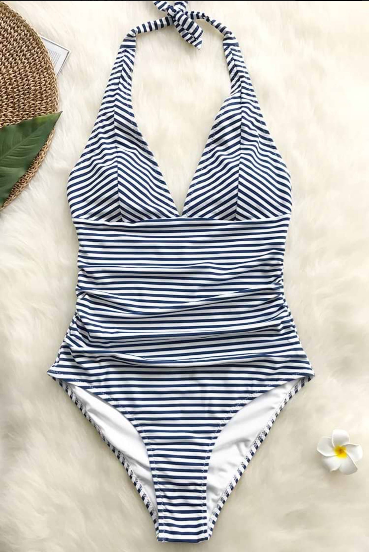 CUPSHE Blue and White Stripe Halter Tummy Control One Piece Swimsuit