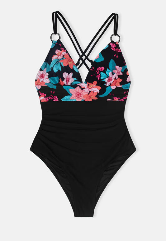 CUPSHE Maya Floral O-ring Criss Cross Tummy Control One Piece Swimsuit