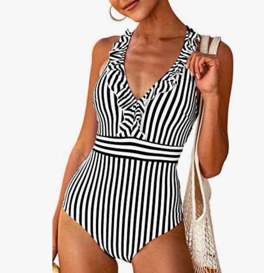 CUPSHE Women's V Neck One Piece Swimsuit Ruffle Back Cross Swimwear