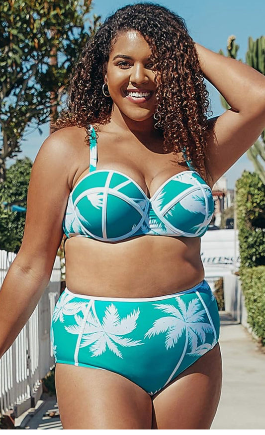 CUPSHE Women's Blue Leafy Contrast Trim Plus Size Bikini