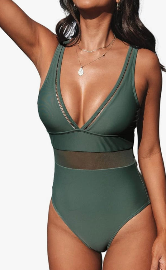CUPSHE Women's V-neck One-Piece Swimsuit with Mesh Panel