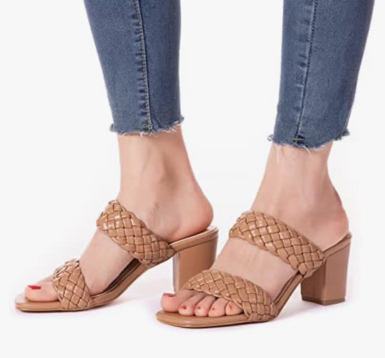 N.N.G Women Heels Sandals Woven Chunky Heels Braided Nude Square Toes Leather Comfortable Strappy Dress Casual Pumps Mules Sandals