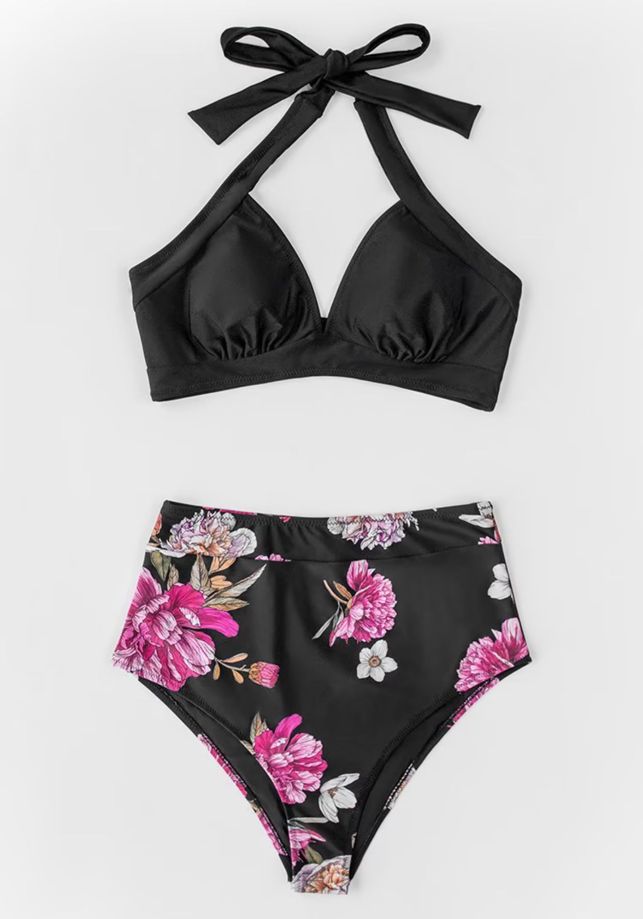 CUPSHE Black Floral Halter High Waisted Bikini