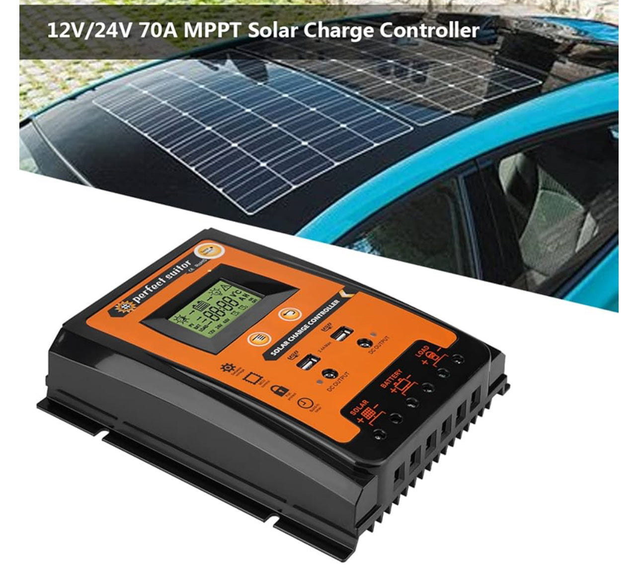 Solar Charge Controller, 12V/24V PWM&MPPT Solar Panel Battery Regulator, Dual USB LCD Displaying Short Version Solar Charge Controller(70A)