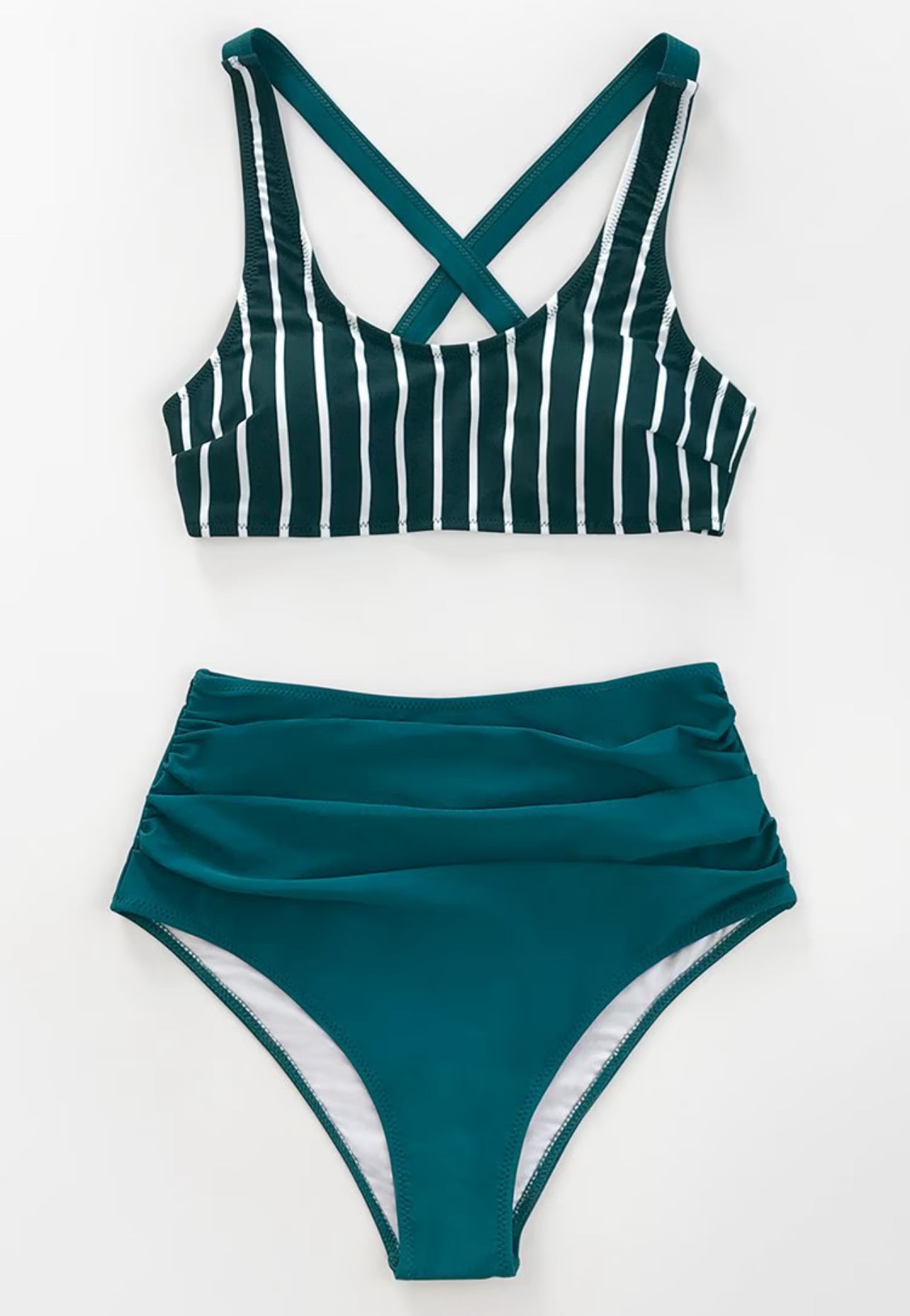 CUPSHE Teal And White Striped High Waisted Bikini