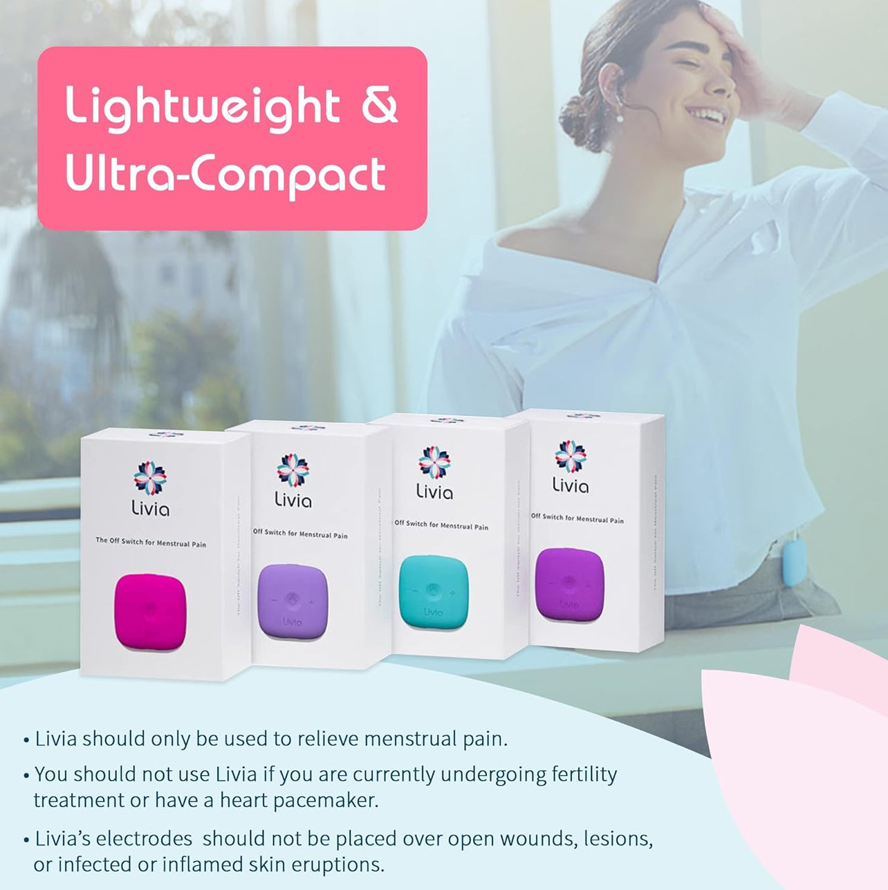 Livia Menstrual Pain Relief Device, Lavender - Period Pain Off Switch - Portable and Travel-Ready with Stick-on Gel Pads for Cramps - Rechargeable, 12-Hour Battery Life