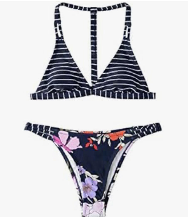CUPSHE CUPSHE Women's Bikini Swimsuit Floral Print Striped Triangle Two Piece Bathing Suit