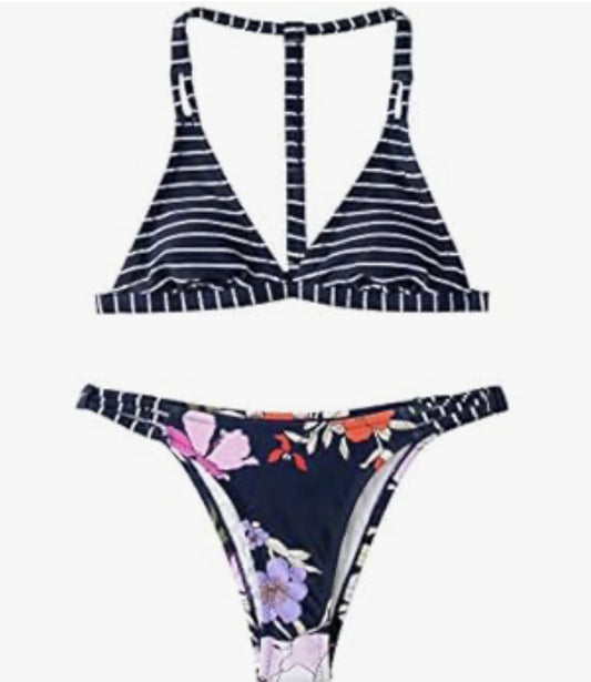 CUPSHE CUPSHE Women's Bikini Swimsuit Floral Print Striped Triangle Two Piece Bathing Suit
