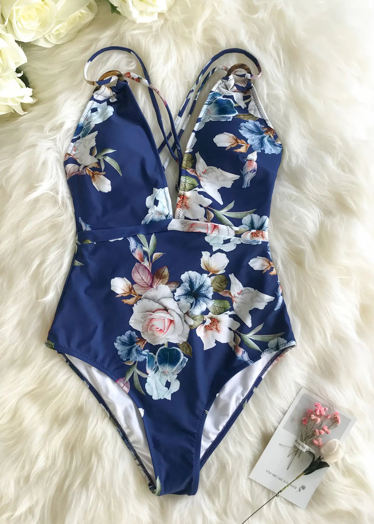 CUPSHE Blue Floral Strappy One Piece Swimsuit