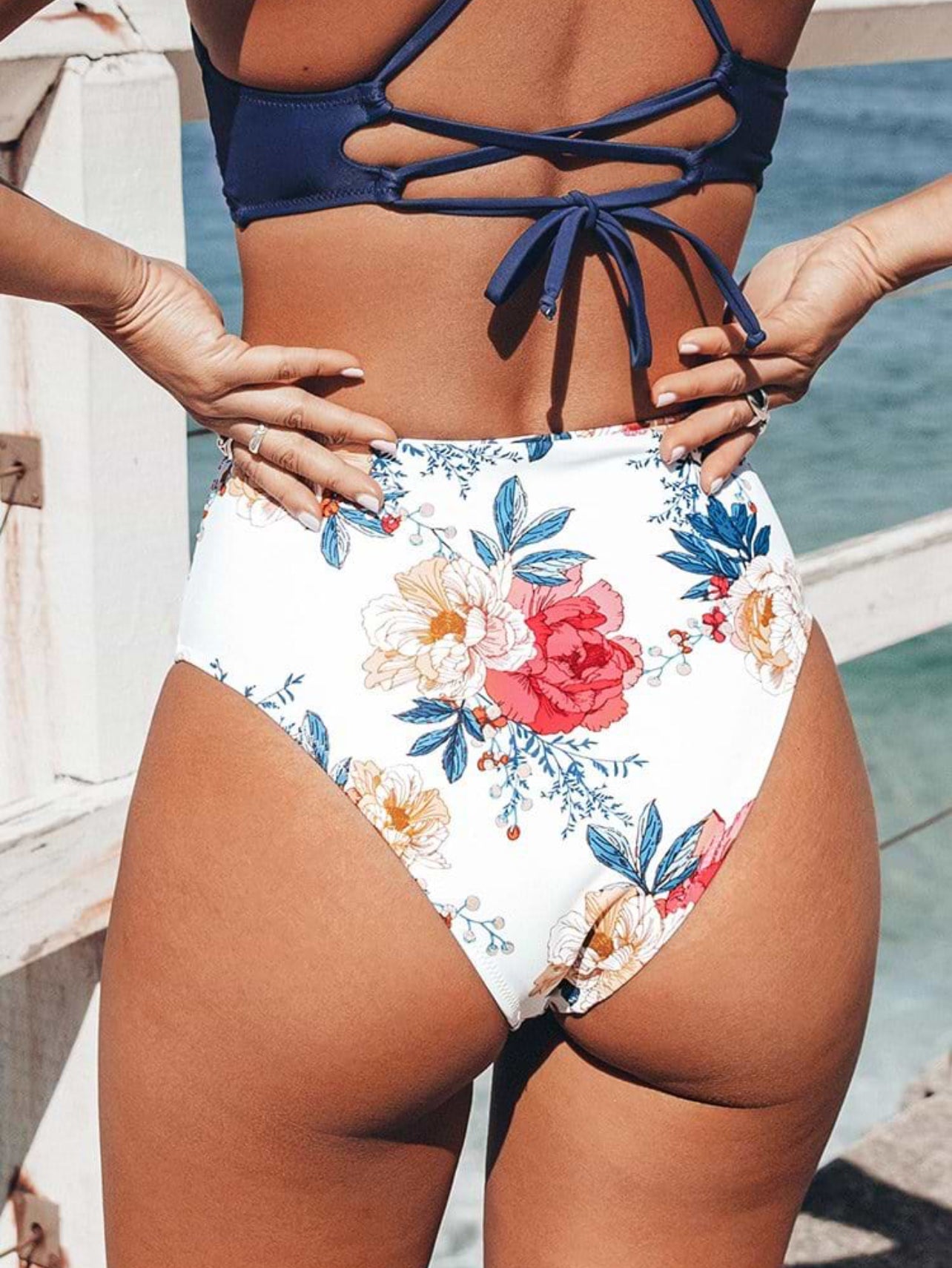 CUPSHE high-waisted bikini bottoms with floral pattern