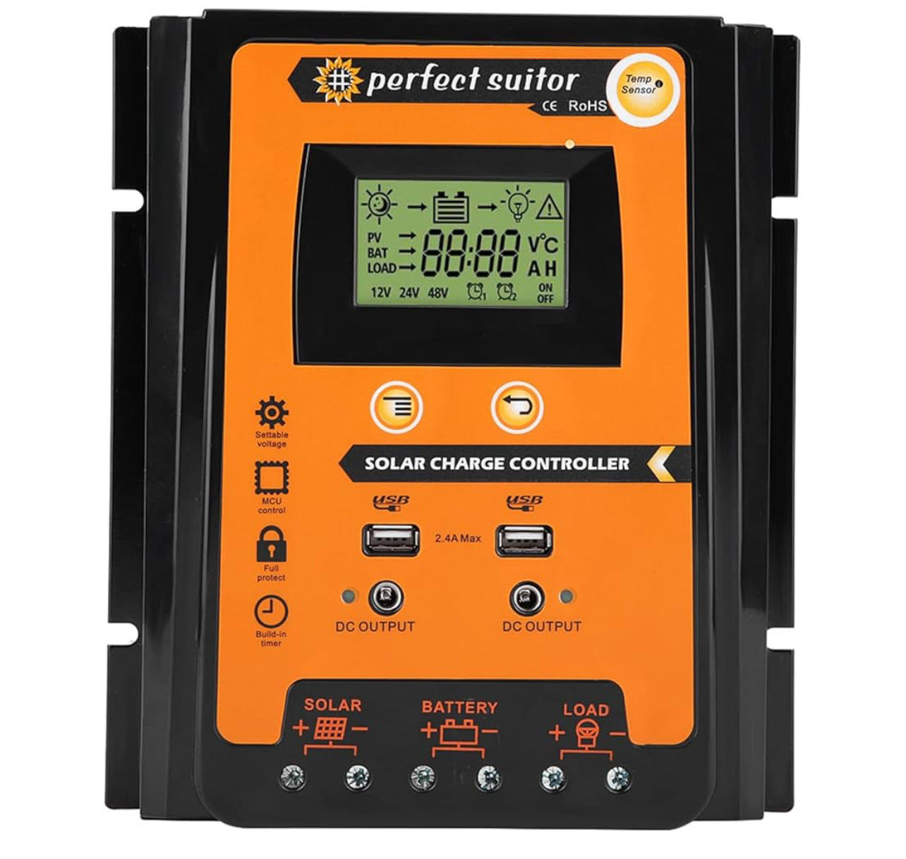 Solar Charge Controller, 12V/24V PWM&MPPT Solar Panel Battery Regulator, Dual USB LCD Displaying Short Version Solar Charge Controller(70A)
