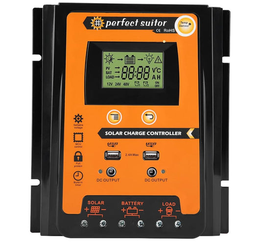 Solar Charge Controller, 12V/24V PWM&MPPT Solar Panel Battery Regulator, Dual USB LCD Displaying Short Version Solar Charge Controller(70A)