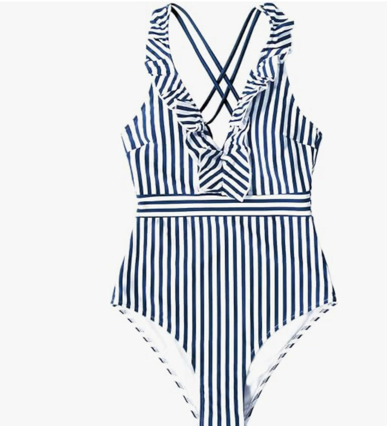 CUPSHE Women's V Neck One Piece Blue White Stripe Ruffled One Piece Swimsuit