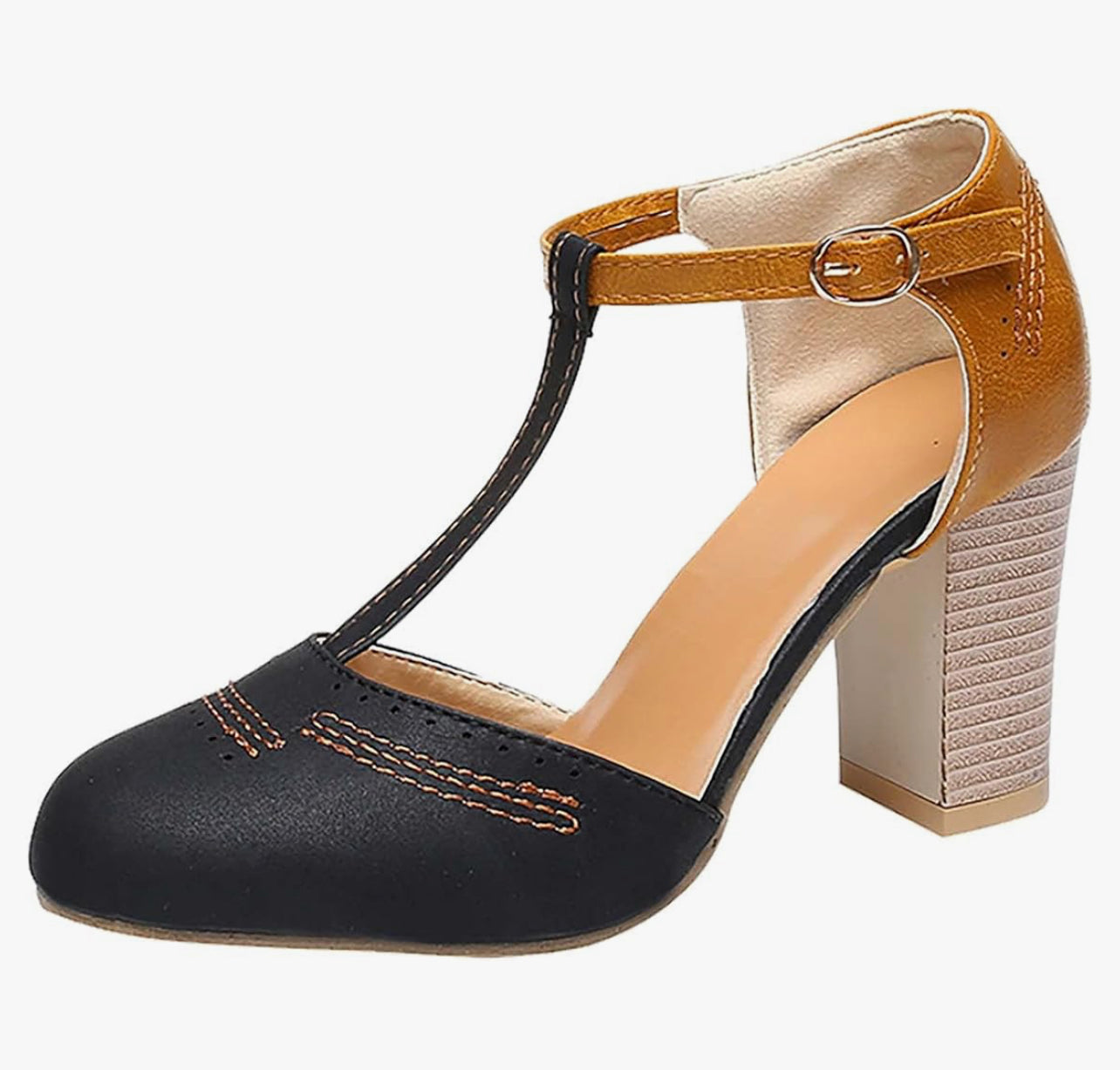 Womens Chunky High Heel Buckle Ankle Shoes T Strap Cap Toe Fashion Hollow Out Summer Casual Roman Sandals