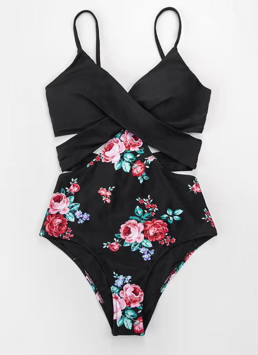 CUPSHE Black And Floral Wrap Cutout One Piece Swimsuit