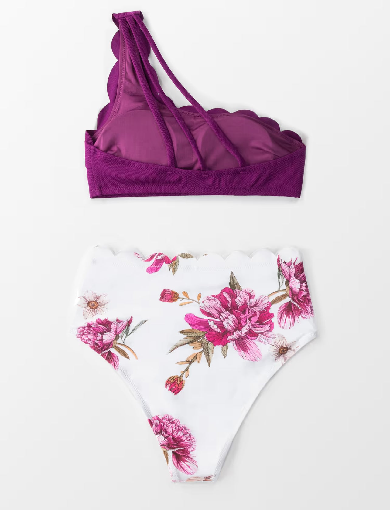 Purple And Floral One Shoulder Scalloped Bikini