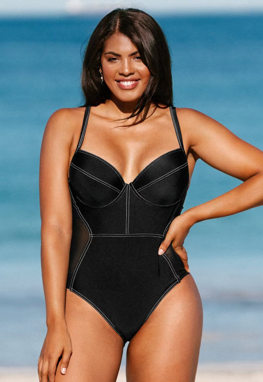 Ivory Contrast Stitched Black Plus Size One Piece Swimsuit