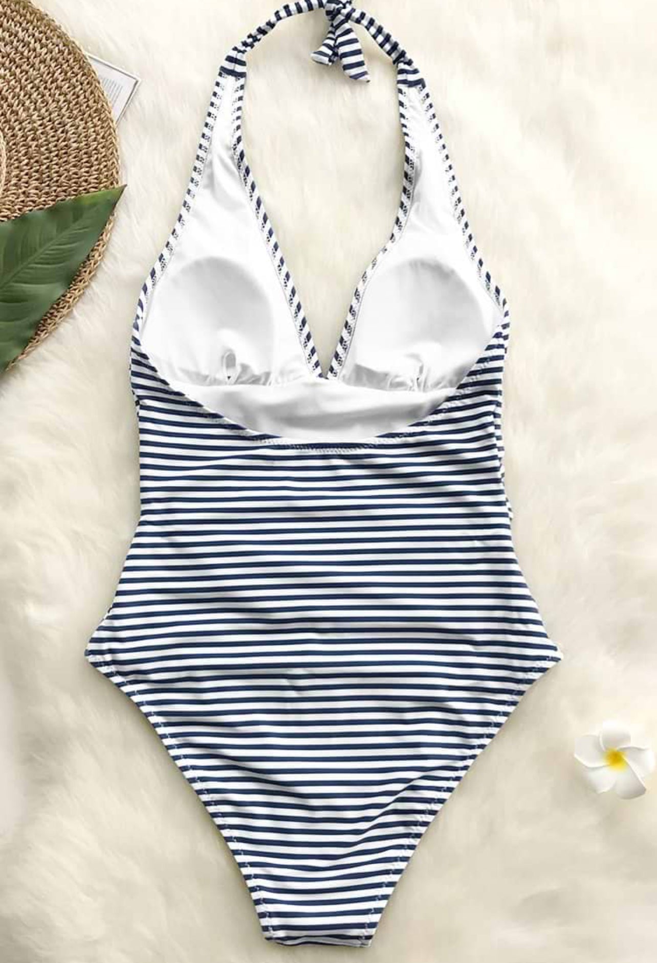 CUPSHE Blue and White Stripe Halter Tummy Control One Piece Swimsuit