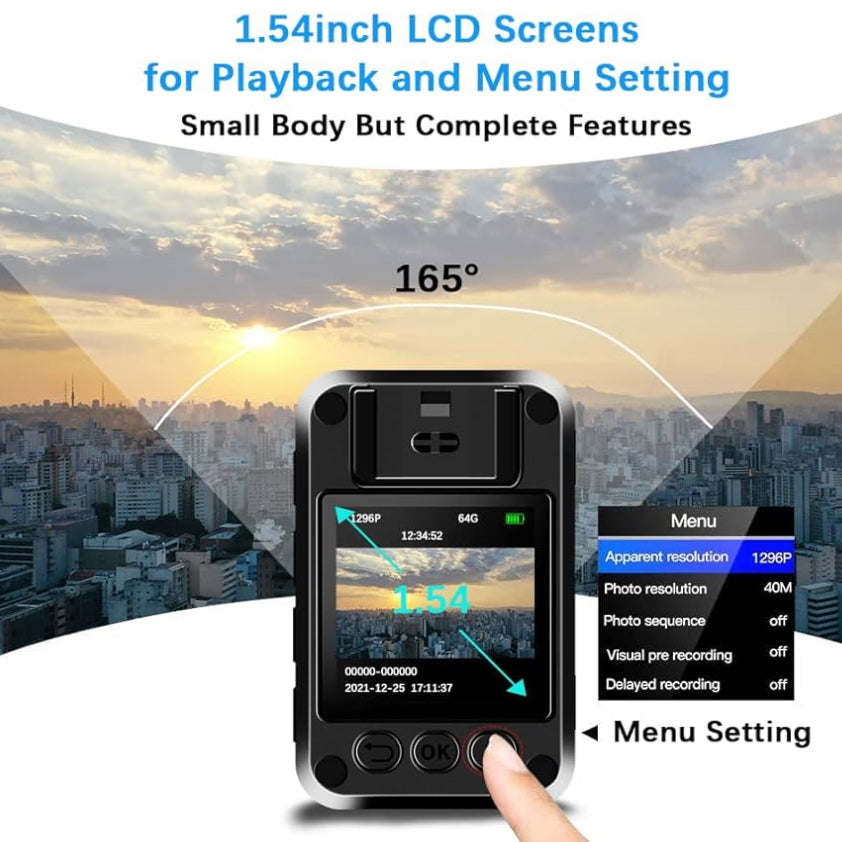 Body Camera, 1296P HD, 10HR Battery Life, 128GB Memory, Night Vision, Ultra Wide Angle, Portable & Lightweight