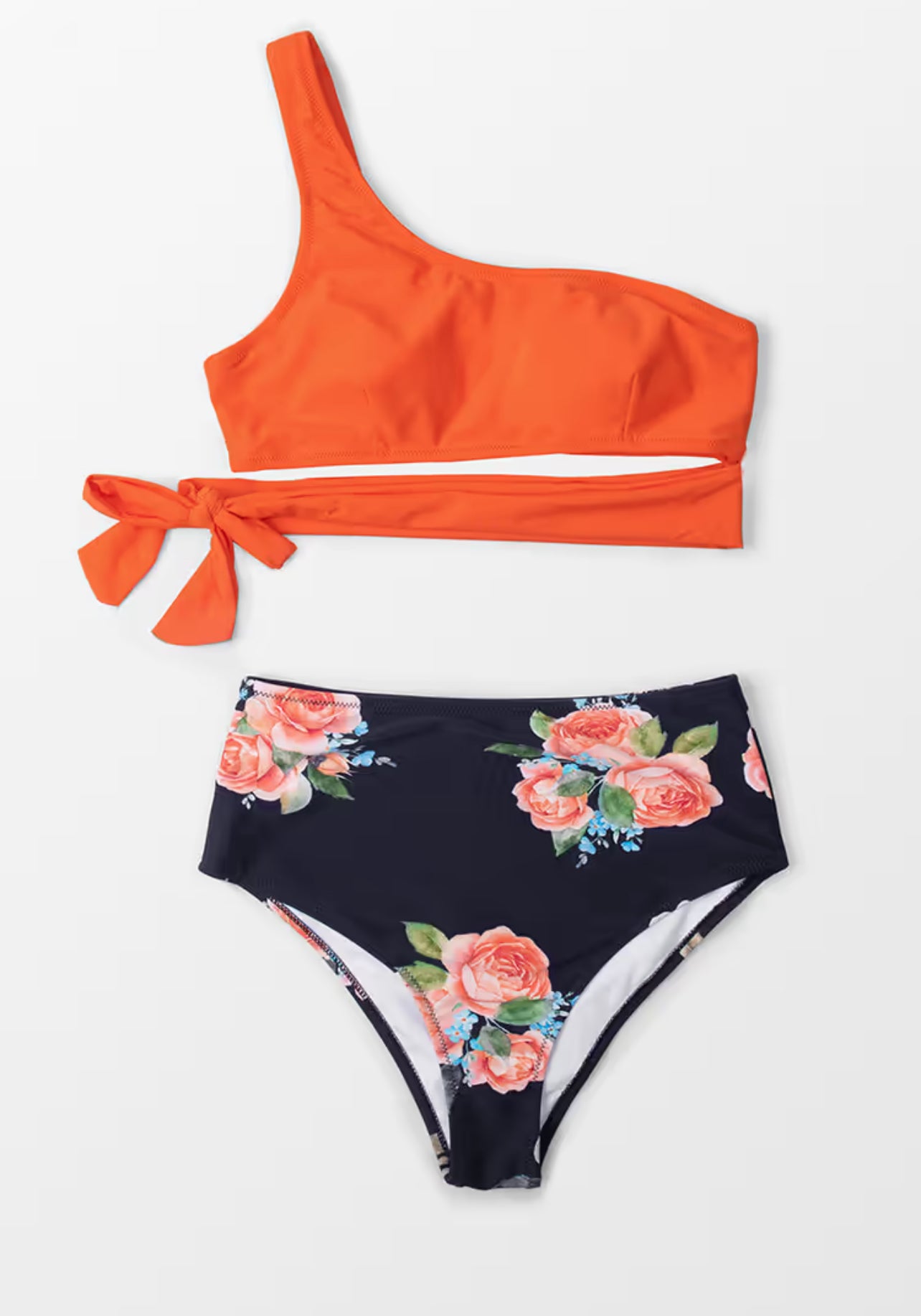 CUPSHE Orange And Floral One Shoulder Tied Bikini