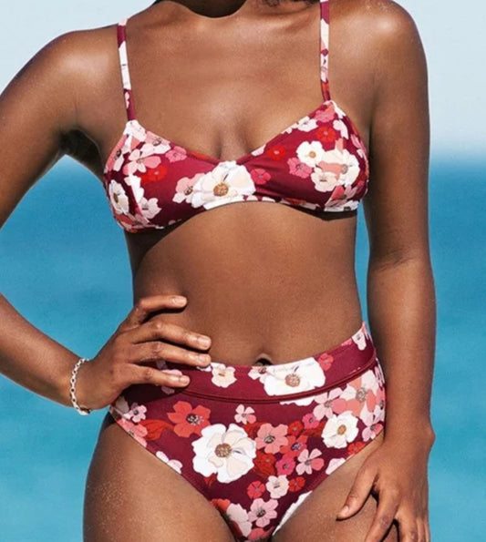 Cupshe Marroon floral high waisted bikini set