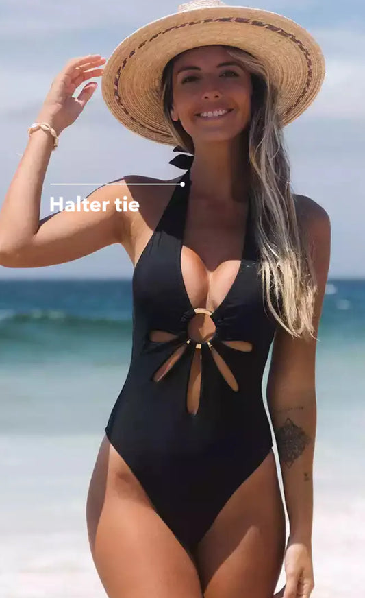 CUPSHE Women’s Omniscient Solid Cutout Halter Plunge One Piece Swimsuit