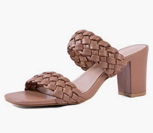 N.N.G Women Heels Sandals Woven Chunky Heels Braided Nude Square Toes Leather Comfortable Strappy Dress Casual Pumps Mules Sandals