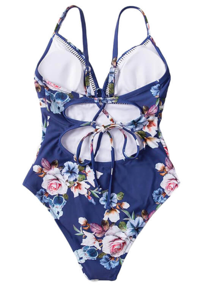 CUPSHE Blue Floral Lace-Up One-Piece Swimsuit