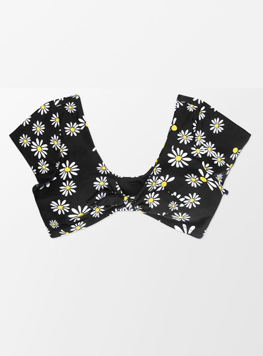 Plus Size Ditsy Short Sleeve Bikini Top with Bunny Tie