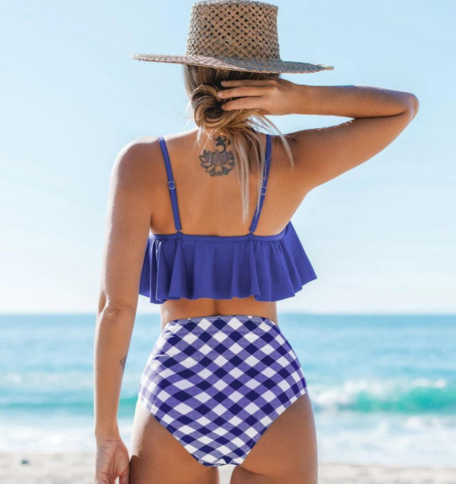 Women's High Waist Bikini Swimsuit Ruffle Striped Two Piece Bathing Suit,