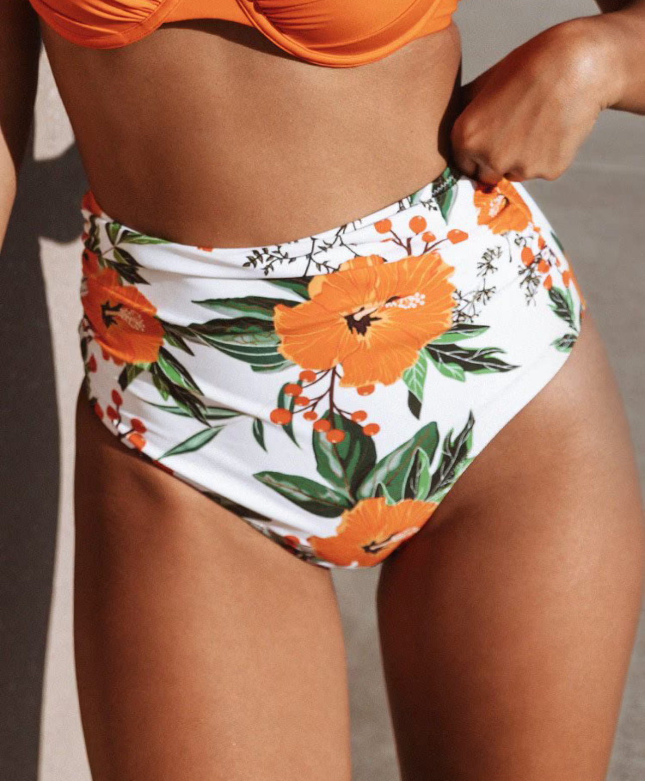 CUPSHE Orange Floral Shirring High Waisted Bikini Bottom