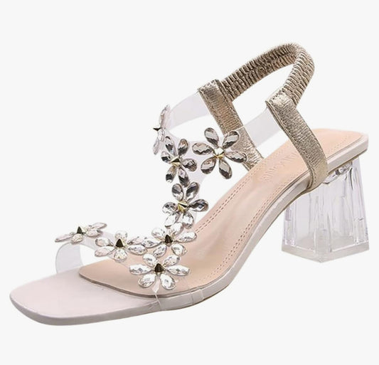 Women's Block Heel Sandals with Flower and Rhinestones,Fashion Crystal Chunky Square Toe Open Toe Ankle Strap Transparent Casual High Heels Shoes Size 9